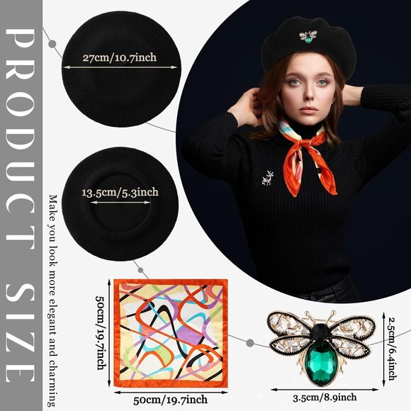4893 18 Pcs Halloween Beret Hats For Women With Silk Neck Scarf Brooch main image 5